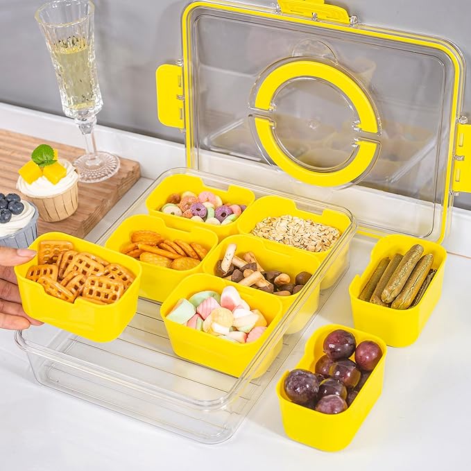 Divided Snack Serving Tray with Lid and Handle Travel Snackle Charcuterie Container Portable Storage Organizer for Candy, Fruits, Nuts, Snacks, Party, Picnic (1pack, Yellow)