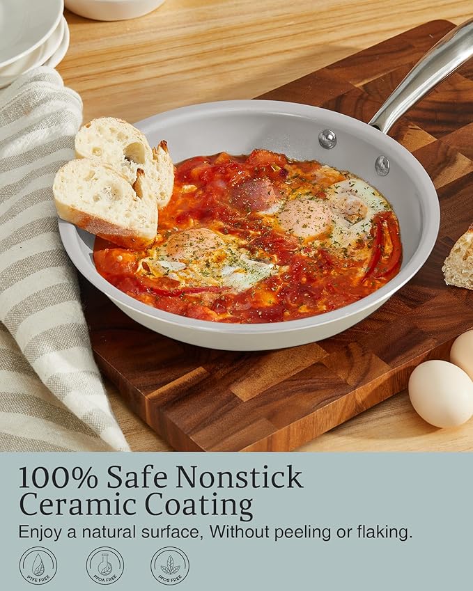 KITEXPERT Non Stick Frying Pans, Titanium Ceramic Skillet Set for Cooking, 8" 9.5" 11" Non Toxic Ceramic Pans with Stay Cool Handle, PFAS & PTFE & PFOA Free, Dishwasher and Oven Safe, Cream