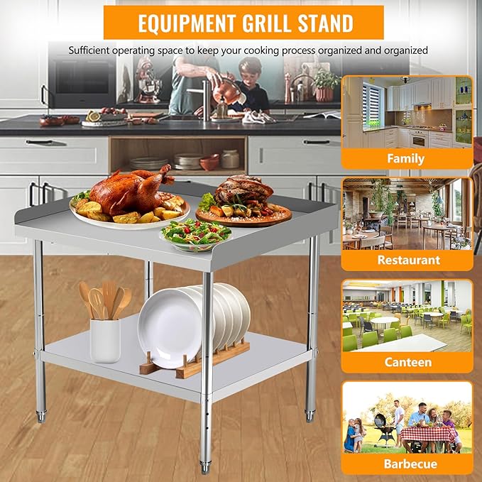 36x24x30 Inch Stainless Steel Equipment Grill Stand Table 400 Lbs Capacity NSF Certified with Adjustable Legs, 2" Edge Baffle, for Hotel, Home, Commercial Restaurant Kitchen