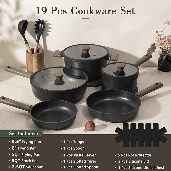 Astercook 19 Pcs Pots and Pans Set Non Stick, Black Titanium Induction Kitchen Cookware Sets, Non toxic Healthy Non Stick Kitchen Cooking Set with Frying Pans Set, PFAS PTFE PFOA PFOS Free