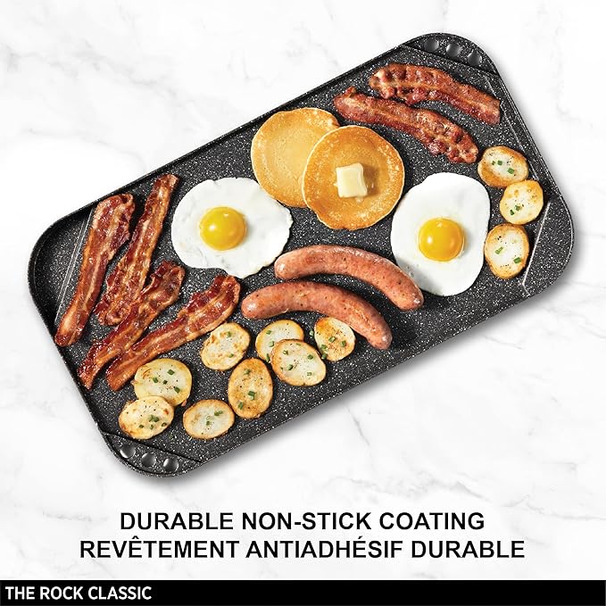 Starfrit The Rock 19.7'' x 11'' (50x28cm) Non-Stick Reversible Grill & Griddle - Durable Forged Aluminum - Oven Safe - PFOA Free - Easy to Clean - Black