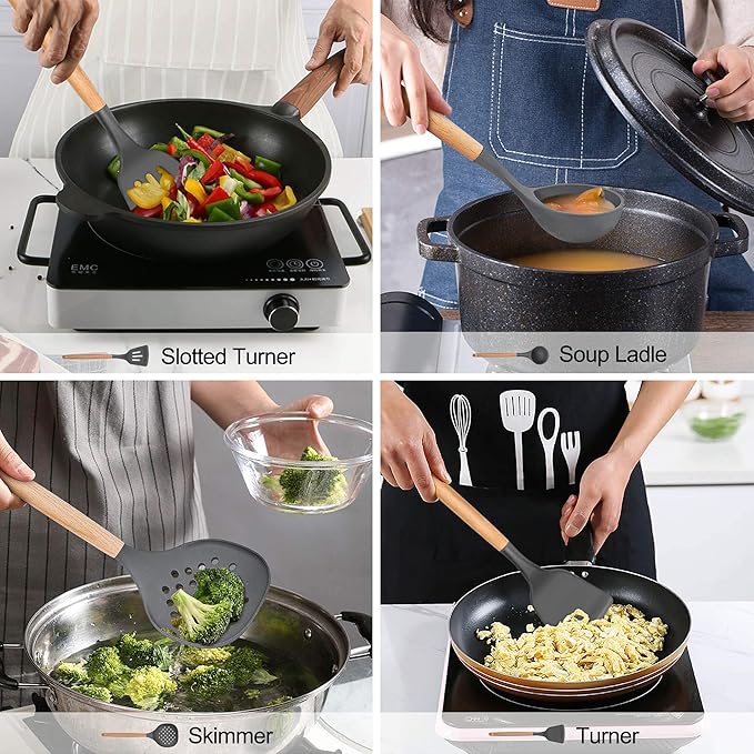 LIANYU 15-Piece Kitchen Silicone Cooking Utensils Set with Holder, Wooden Handle Kitchen Tools Include Spatula Tong Slotted Spoon Turner Whisk Brush, Black Gray