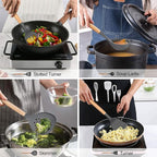 LIANYU 15-Piece Kitchen Silicone Cooking Utensils Set with Holder, Wooden Handle Kitchen Tools Include Spatula Tong Slotted Spoon Turner Whisk Brush, Black Gray