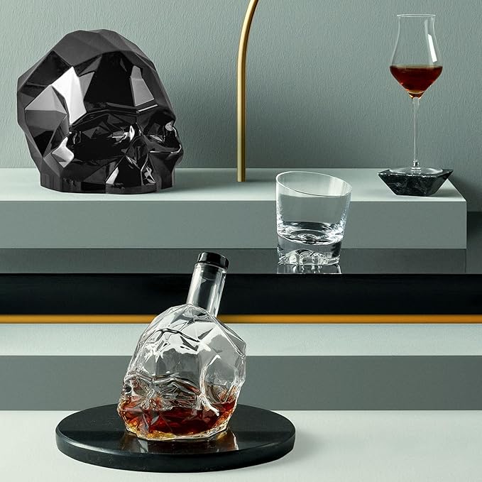 NUDE Whiskey Glasses Set of 2 – Memento Mori 10.25 oz Lead-Free Crystal Rocks Glasses for Whisky, Scotch & Bourbon – Skull Motif Base, Handmade, Hand Wash Recommended Luxury Gift Set