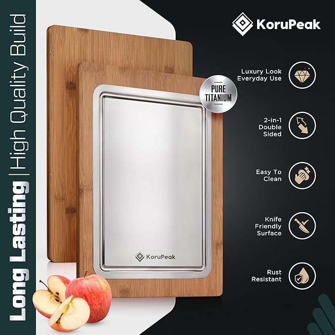 Double-Sided 100% Titanium Cutting Board with Bamboo Charcuterie Side – Pure Titanium Cutting Boards for Kitchen – Large(16"x12") Elegant Cutting Board w/Juice Groove & Wood Presentation Surface