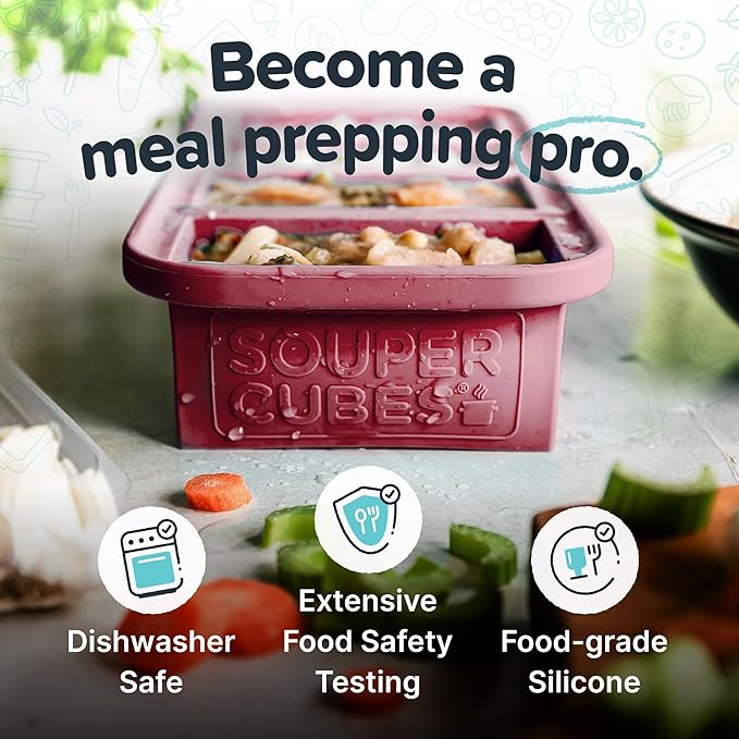 Souper Cubes 1 Cup Silicone Freezer Molds - Soup Cubes Perfect for Storing Broth, Rice, Leftovers and More - Silicone Freezer Trays with Lids for Meal Prep - Cranberry - 1-Pack