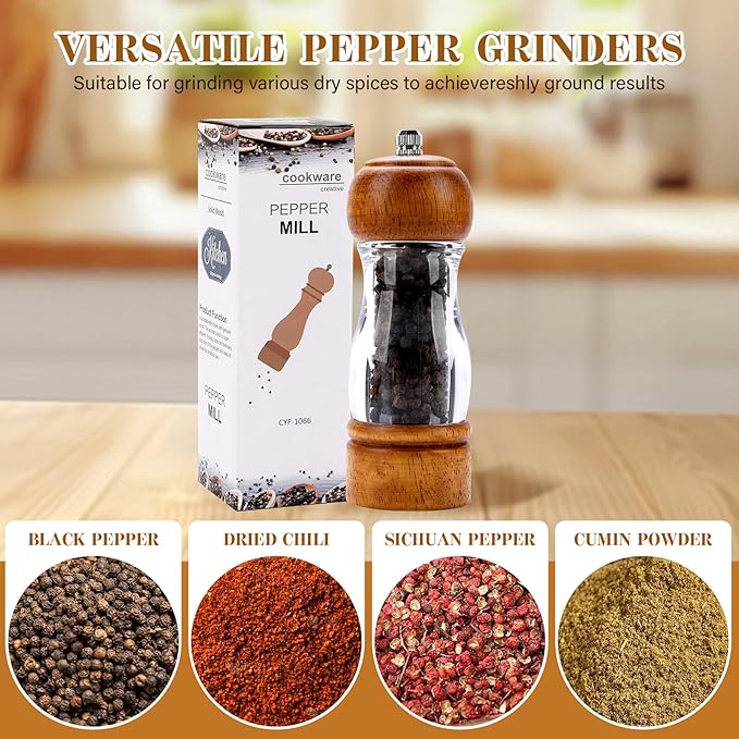 Vintage Wooden Pepper Mill Grinder- 6.3 inches Acrylic Salt & Pepper Shakers with Adjustable Coarseness, Refillable Manual Ceramic Core Grinder for Kitchen, Home, Gift