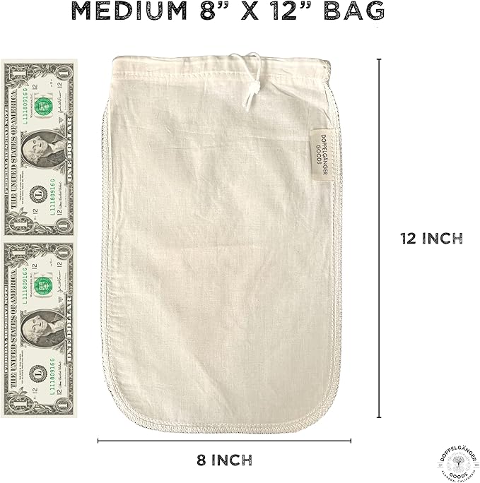 (1-Pack, Medium 8in x 12in) Organic Cotton Cold Brew Coffee Bag - Designed in California - Reusable Coffee Filter with EasyOpen Drawstring Cold Brew Maker for Pitchers, Mason Jars, & Toddy Systems