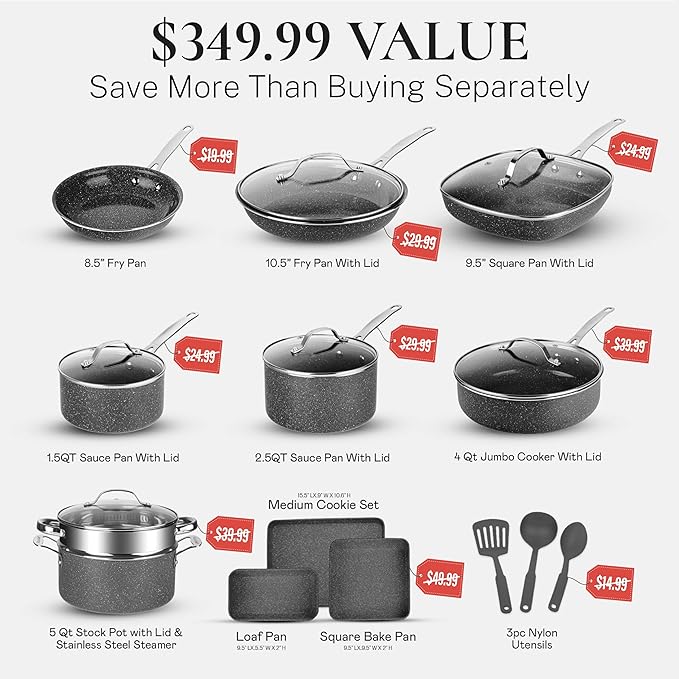 Granitestone 20 Pc Ceramic Cookware Set Nonstick, Complete Pots and Pans Set Non Stick for Kitchen with Bakeware, Cooking Utensils & Steamer, Non Toxic Made Without PFOA PFOS, Oven & Dishwasher Safe