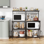 Furologee Kitchen Bakers Rack with Power Outlet, Microwave Oven Stand with Storage 4 Tiers, Coffee Bar Table with 6 S Hooks, Kitchen Storage Shelf Rack for Spices, Pots,Black