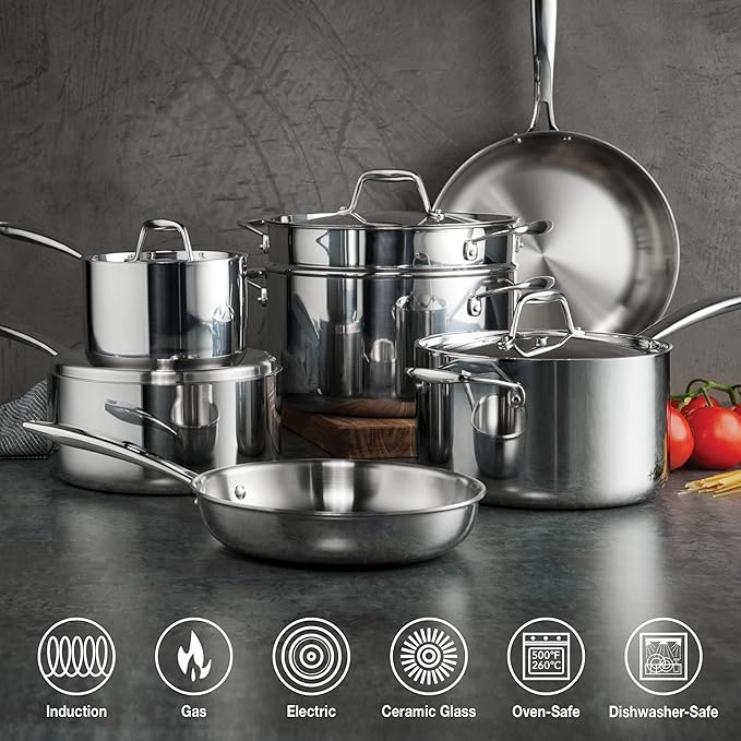 Tramontina Signature Tri-Ply Clad Stainless Steel 11-Piece Cookware Set with Lids, Pots and Pans Kitchen Set, Induction-Ready, Dishwasher-Safe, NSF-Certified
