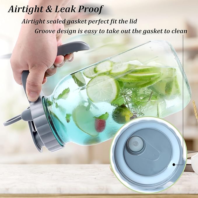Mason Jar Pitcher 64 OZ Glass Pitcher With Pour Spout Lids Airtight Leak Proof 2 Quart Wide Mouth Water Pitcher With Handle And Flip Cap For Iced Tea, Milk, Sun Tea, Lemonade,Juice, Iced Coffee