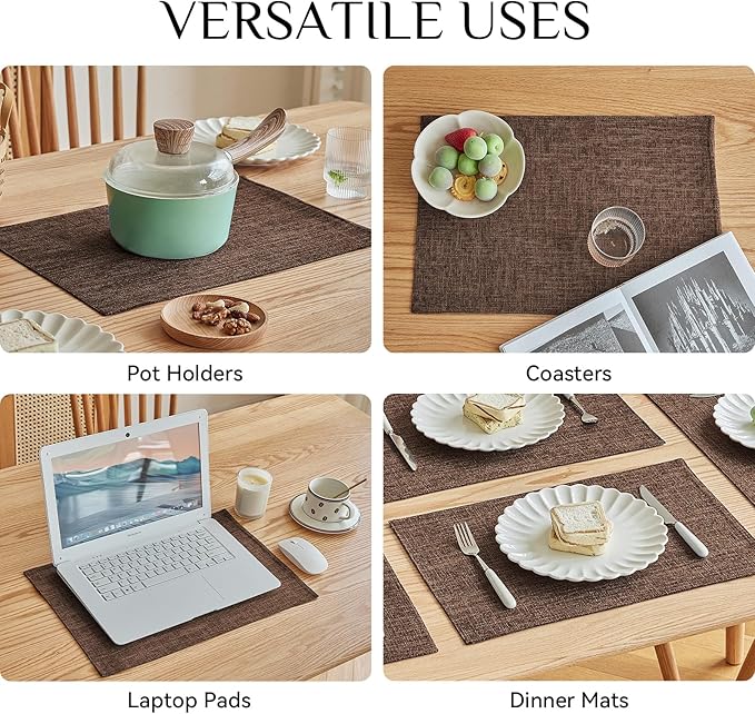 Softalker Faux Linen Placemats Set of 8-12 x 18 Inch, Heat Resistant Double Layered Durable Burlap Farmhouse Place Mats, Non-Slip Washable Rustic Table Mats for Dining, Kitchen, Party（Dark Brown