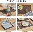 Softalker Faux Linen Placemats Set of 12-12 x 18 Inch, Heat Resistant Double Layered Durable Burlap Farmhouse Place Mats, Non-Slip Washable Rustic Table Mats for Dining, Kitchen, Party（Dark Brown