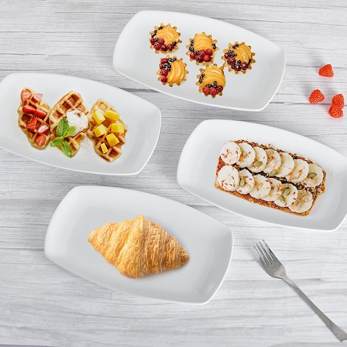 Ceramic Serving Platter Set, 4 Pcs 10 inch Rectangular Serving Tray for Entertaining at Parties and Weddings, White Platter Rectangular Dishes Dinner Plates for Appetizer Meat Bread Dessert and Sushi