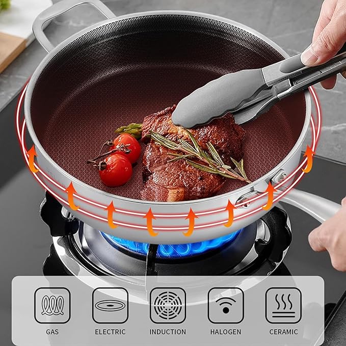 DELARLO Tri-Ply Stainless Steel 7QT Jumbo Cooker Saute Pan With Lid, Nonstick 12.5 Inch Deep Frying Pan, Induction Large Skillet, Cooker Pan for Chefs, Dishwasher & Oven Safe