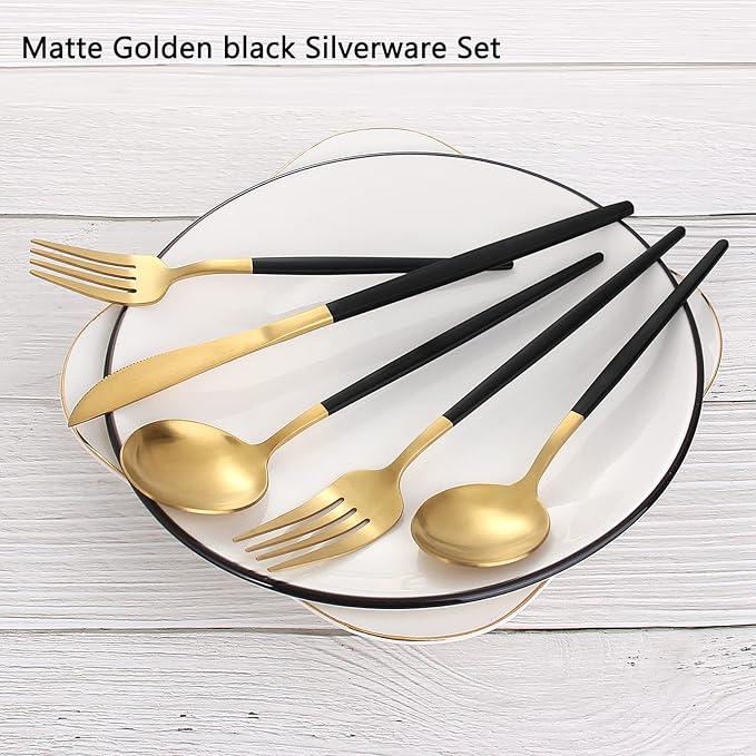 Matte Black Gold Silverware Set, 20-Piece Stainless Steel Flatware Set, Satin Finish tableware Cutlery Set, Service for 4, Home and Restaurant, Dishwasher Safe