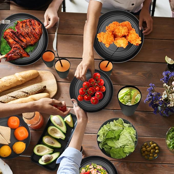 Wheat Straw Dishes Set for 8, Dinnerware Sets 32 piece, Unbreakable Plates, Bowls, Cups Sets for Kitchen Parties Camping RV - Grey