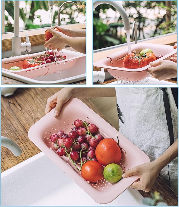 Collapsible Sink Colanders and Strainers Basket Over the Sink Colander Collapsible Colander Extendable Plastic Fruit Vegetable Strainer Drainer Basket for Kitchen(Length 14.3 inch-19.4 inch) (Pink)