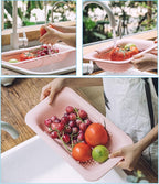 Collapsible Sink Colanders and Strainers Basket Over the Sink Colander Collapsible Colander Extendable Plastic Fruit Vegetable Strainer Drainer Basket for Kitchen(Length 14.3 inch-19.4 inch) (Pink)