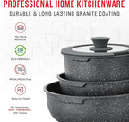 Pots & Pans Set Non Stick Ceramic-Granite – 14-Piece Cookware with Detachable Handles, Stackable Space-Saving, Dishwasher Safe, Oven & All-Stove Safe, Tempered Glass Lids, Black Granite