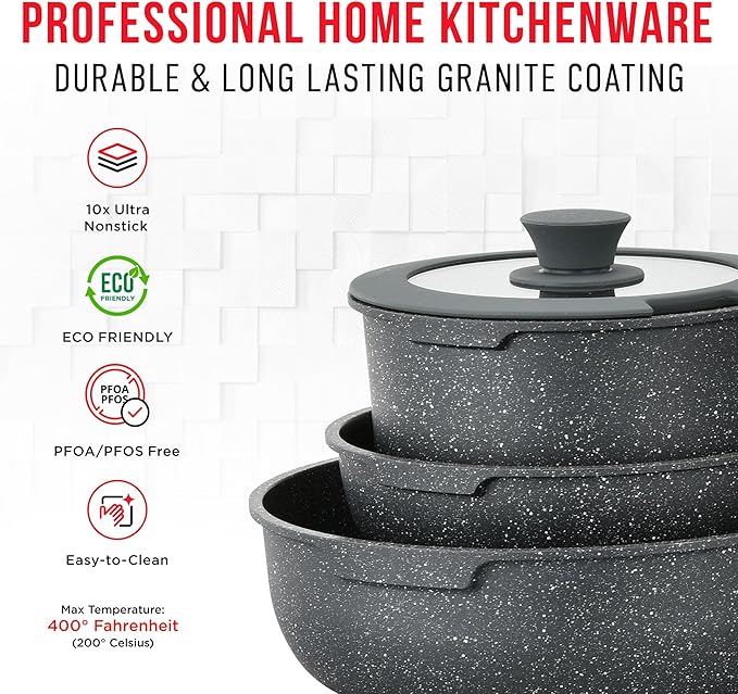 Pots & Pans Set Non Stick Ceramic-Granite – 14-Piece Cookware with Detachable Handles, Stackable Space-Saving, Dishwasher Safe, Oven & All-Stove Safe, Tempered Glass Lids, Black Granite