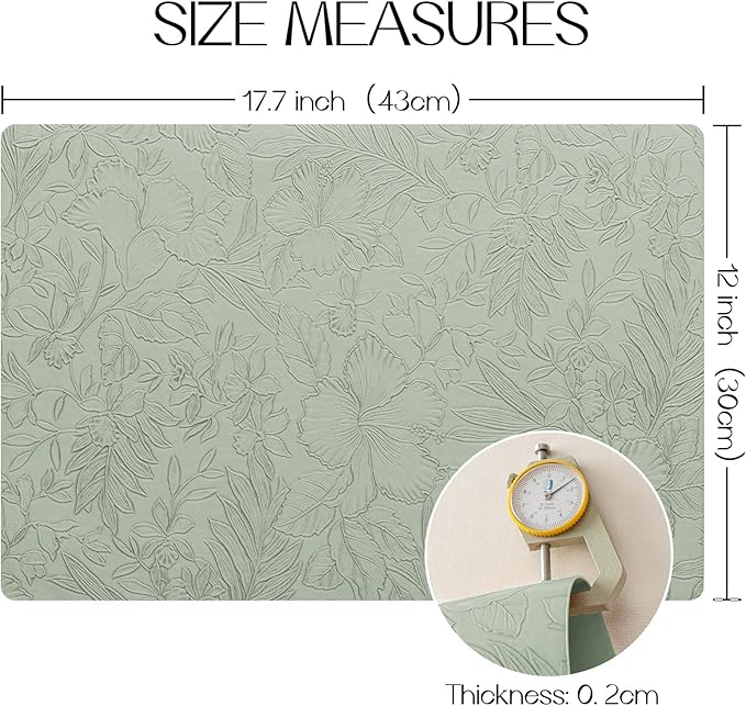 Romanstile Vinyl Placemats Set of 6-12 X 18 Inch - Heat Resistant Non-Slip Embossed Floral Place Mats 100% Waterproof Oilproof Wipeable Faux Leather Table Mats for Kitchen/Dining/Party, GrassGreen
