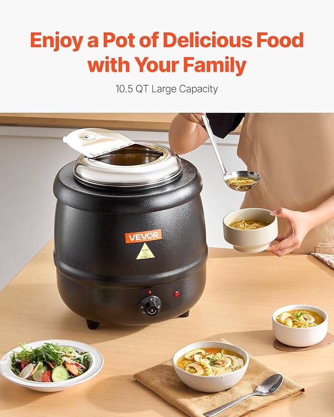 VEVOR Electric Soup Warmer, 10QT Commercial Soup Kettle with 304 Stainless Steel Detachable Insert Pot, 95~176°F Adjustable Temperature, Soup Station for Restaurant and Big Family, Black
