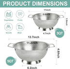 Colander Stainless Steel Set(5-Quart and 3-Quart), Kitchen Strainer for Pasta, Fruits Vegetables, Dishwasher Safe