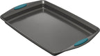 Rachael Ray Nonstick Bakeware Set with Grips includes Nonstick Bread / Baking Pans, Cookie / Baking Sheet and Cake Pans - 10 Piece, Gray with marine blue grips