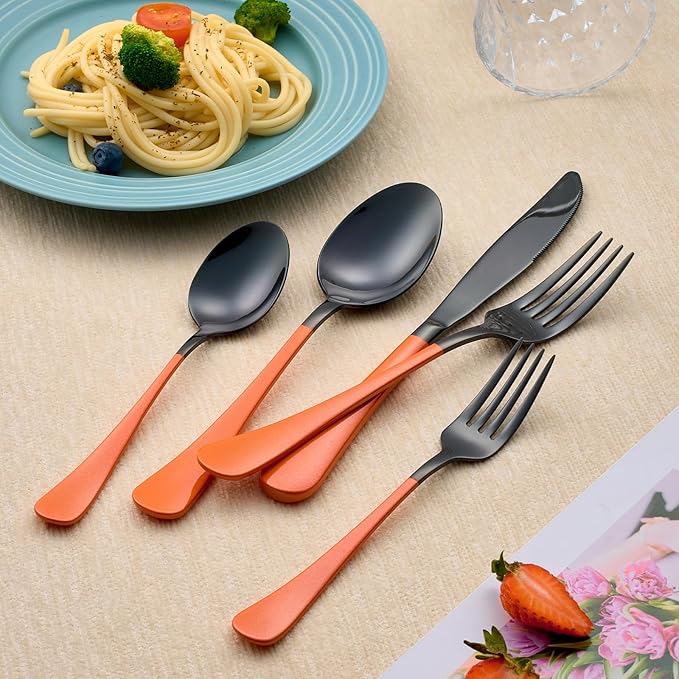 20-Piece Black Silverware Set 18/0 Stainless Steel Silverware Set Orange Handle Cutlery Set Service for 4 Dinner Knives Forks Spoons Set Flatware Set Finish Dishwasher Safe