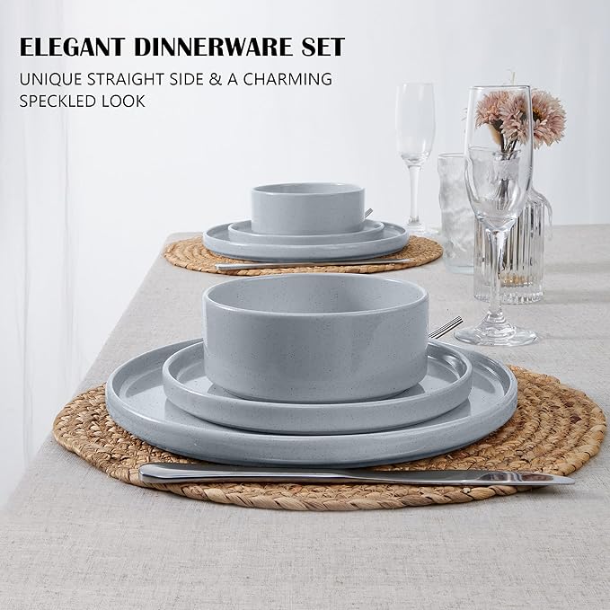 E-far Dinnerware Sets for 6, 18-Piece Stoneware Plates and Bowls Dish Set, Modern Kitchen Dinning Dishware, Chip and Scratch Resistant, Microwave & Dishwasher Safe, Speckled Gray