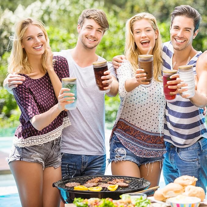 16 Oz Glass Cup with Lid and Straw, Vintage Embossed Glassware for Whiskey Cocktail Beer, Iced Coffee Cup with Lid, Glass Tumbler (1 PACK)