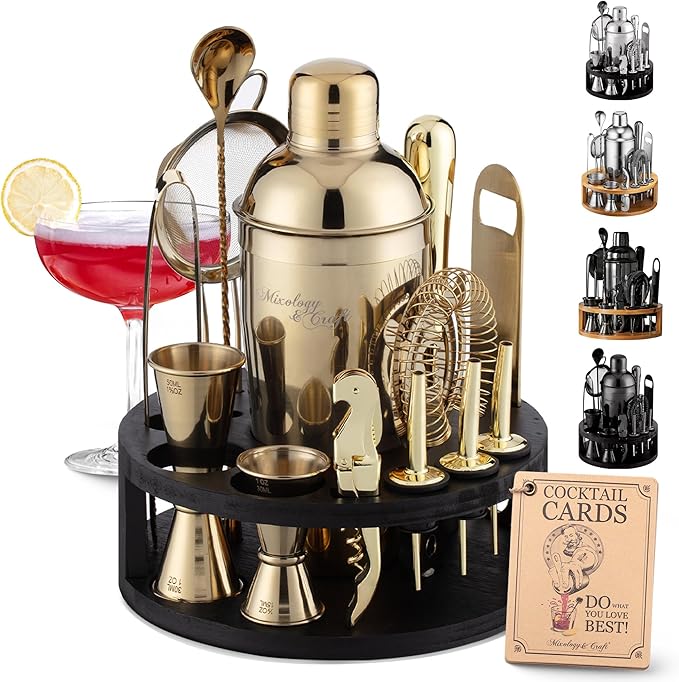 Mixology & Craft Bartender Kit – 15-Piece Cocktail Shaker Set with Bar Tools, Premium Stainless Steel Drink Mixer Accessories for Home Bar, Includes Bamboo Stand, Plus Exclusive Recipe Cards (Gold)