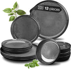 VIDA 12-Piece Porcelain Dinnerware Plate Set for 4 | Includes 4 Dinner Plates, 4 Dessert Plates, 4 Bowls | Modern Grey Ceramic Tableware, Stoneware Look, Microwave & Dishwasher Safe Dishes