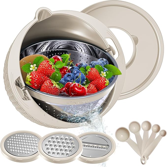 4-1 Colander with Bowl Set - Rotatable Colander Bowl with Measuring Spoons - Fruit Strainer Bowl, Food Strainers and Colanders Funny Presents for Women, Aesthetic Kitchen Gadget Essentials - Beige
