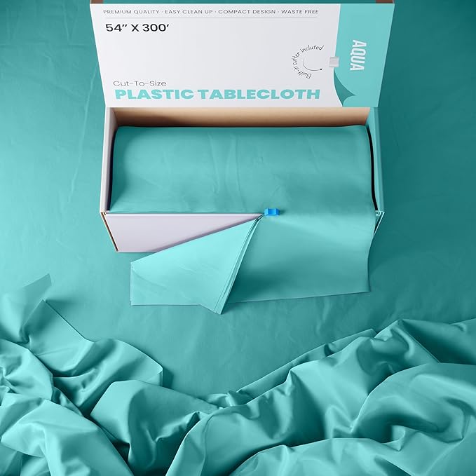 Exquisite Party Solids 54 Inch X 300 Feet Aqua Plastic Table Cover Roll in A Cut - to - Size Box with Convenient Slide Cutter. Cuts Up to 36 Rectangle 8 Feet Plastic Disposable Tablecloths