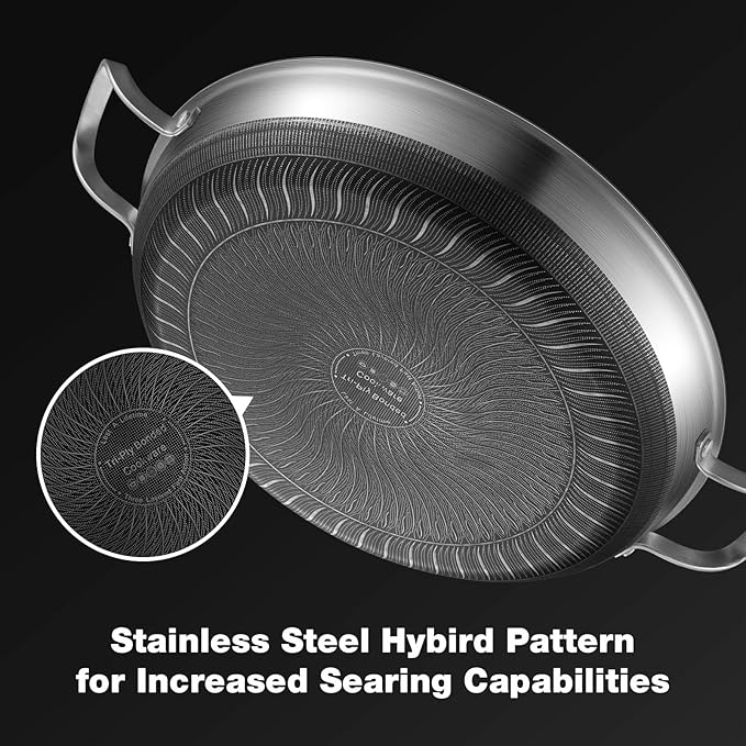 14 Inch Paella Pan with Lid, Ceramic Nonstick & Stainless Steel Induction Ready, 12-Serving Large Skillet, Oven Safe 550°F for Paella, Searing, Frying (Family Gathering & Outdoor Cooking)