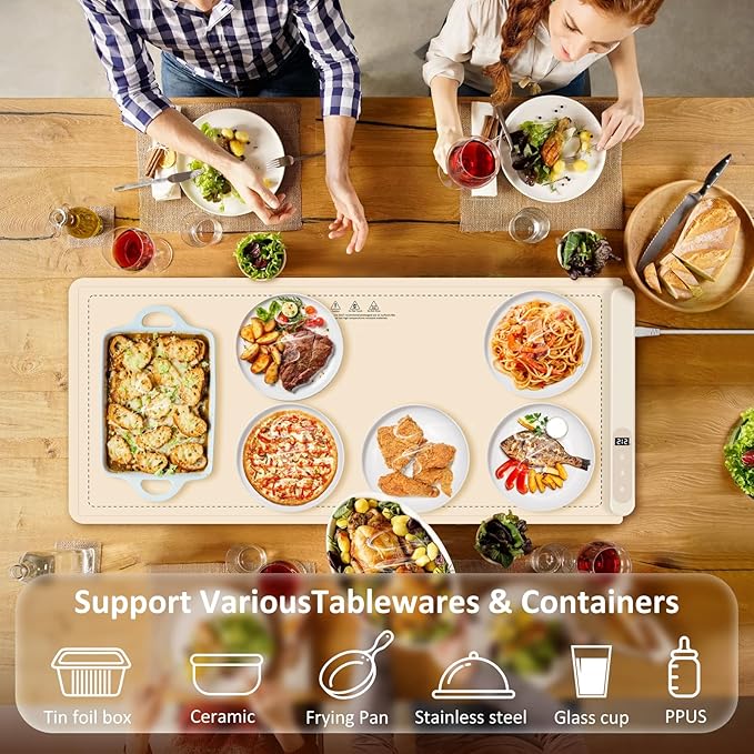 OcePor (XXL 36"x16") Food Warming Mat, Electric Warming Tray,Foldable Food Warmer for Parties, Buffets, Family Gatherings, Holiday & Sabbath, Child Lock, Heating Mat for Food, (Beige Yellow)