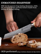 Serrated Bread Knife for Homemade Bread- 8 inches VG-10 Core, SGS Certified Ultra and Long-lasting Sharp Damascus Steel, Efficient Slicing Sourdough Crusty Bread Cutter