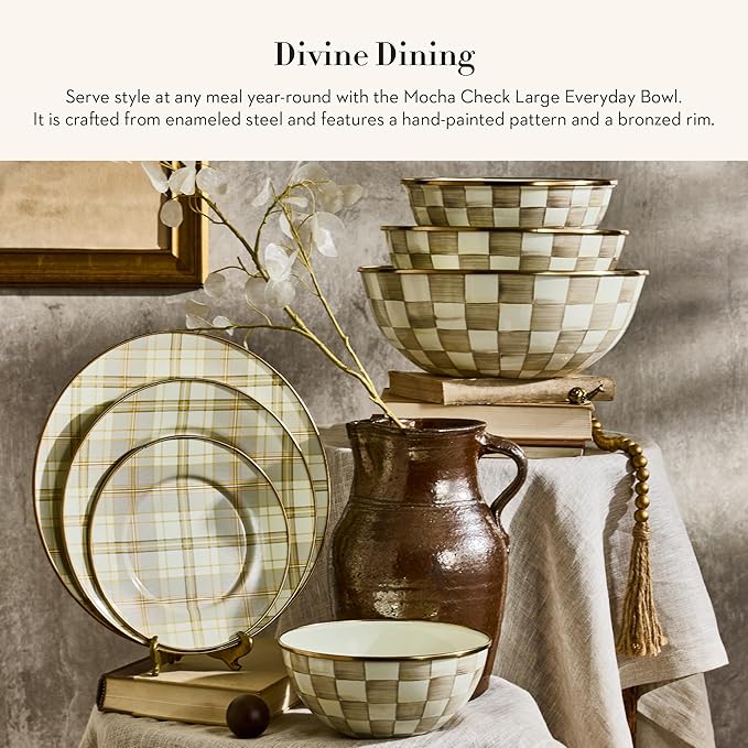 MACKENZIE-CHILDS Enamel Everyday Bowl, Serving Bowl for Entertaining, Large, Brown-and-White Mocha Check