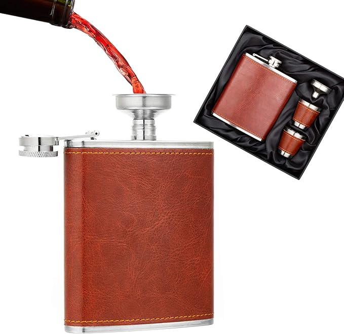 7 Oz Stainless Steel Hip Flask Gift Set Brown Leather with 2 Cups and Funnel 100% Leak Proof for Alcohol, Whiskey, Rum and Vodka Pocket Mini Drinking Flasks