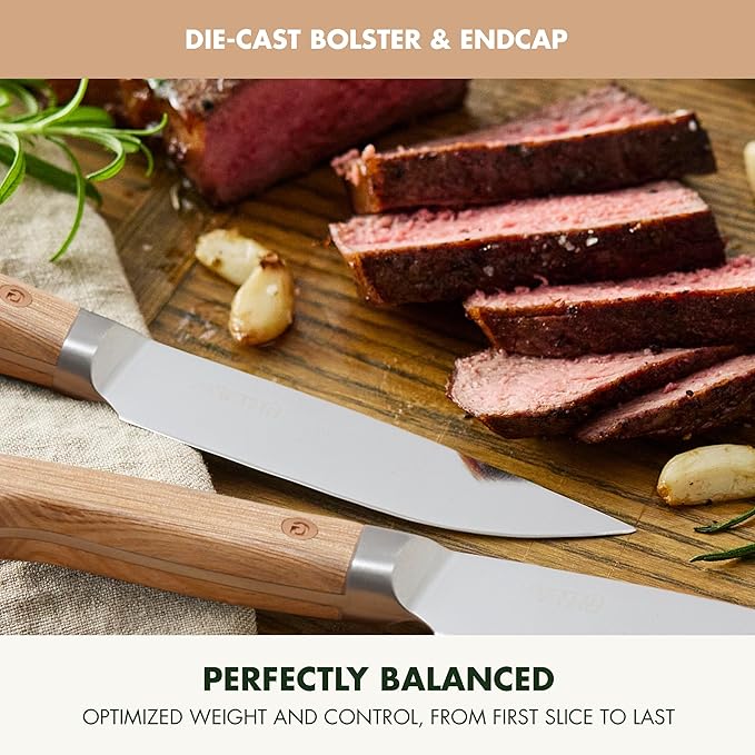 GreenPan Elite 8 Piece Steak Knife Set, Professional Stainless Steel Blades with Titanium Coating, Ultra-Sharp Dining Knives, Kitchen Cutlery, Ergonomic Wood Handles, Wooden Storage Box