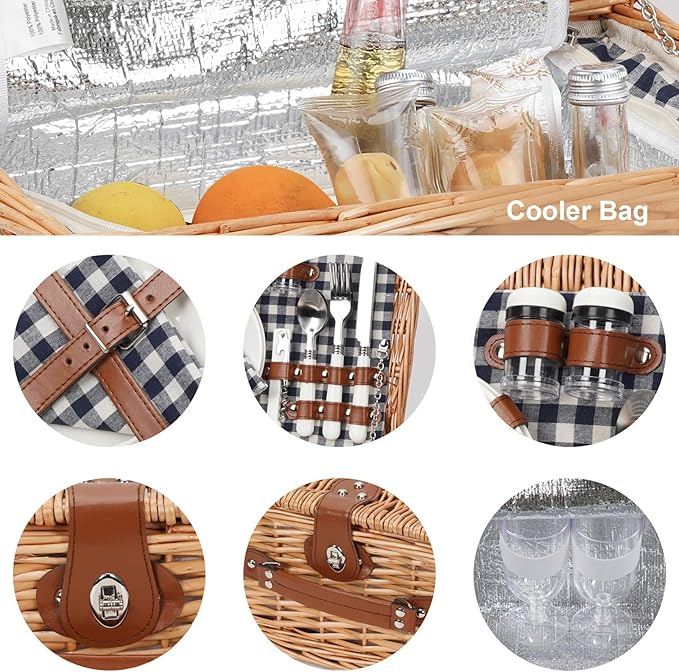 ZORMY Wicker Picnic Basket for 2 Person, Willow Hamper Basket Sets with Insulated Compartment, Handmade 2 Person Picnic Basket for Camping - BlueCheck