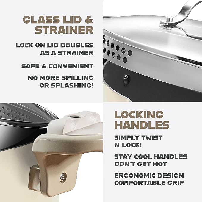 GOTHAM STEEL 5 Qt Ceramic Stock Pot Multipurpose Pasta Pot with Strainer Lid & Twist and Lock Handles, Nonstick Ceramic Pot for Soup, Spaghetti, Rice, Pots for Kitchen, Dishwasher Safe - Cream