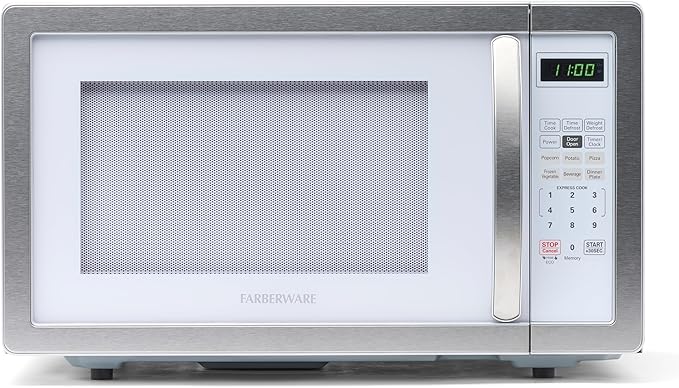 Farberware Countertop Microwave 1000 Watts, 1.1 cu ft - Microwave Oven With LED Lighting and Child Lock - Perfect for Apartments and Dorms - Easy Clean White, Platinum