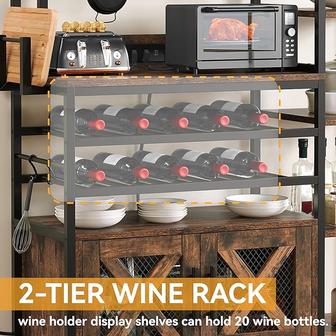DWVO Baker Rack with Power Outlet, Microwave Stand W/Storage, 6-Tier Industrial Coffee Bar Cabinet W/Hook, Wine Rack & Goblet Holder, Wood & Metal Kitchen Shelf Organizer for Dining Room, Rustic Brown