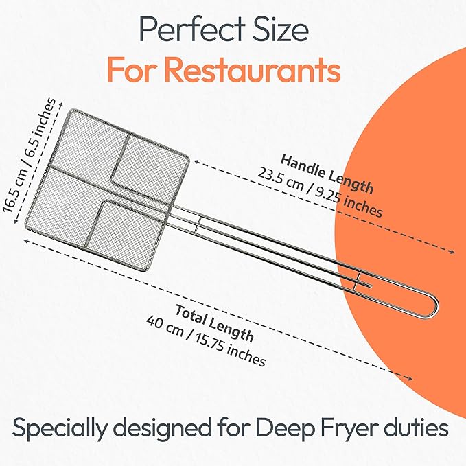 Wire Mesh Strainer with Long Handle | 4-Pack | 6.5" Square Frying Spoon | Stainless Steel | Cooking Oil Strainer for Deep Fryer & Professional Restaurant Use | Commercial Grease Skimmer