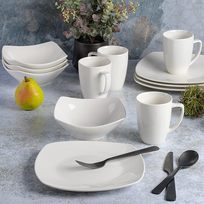 Gibson Home Amelia Court Porcelain Chip and Scratch Resistant Dinnerware set, Service for 4 (12pcs), White (Soft Square)