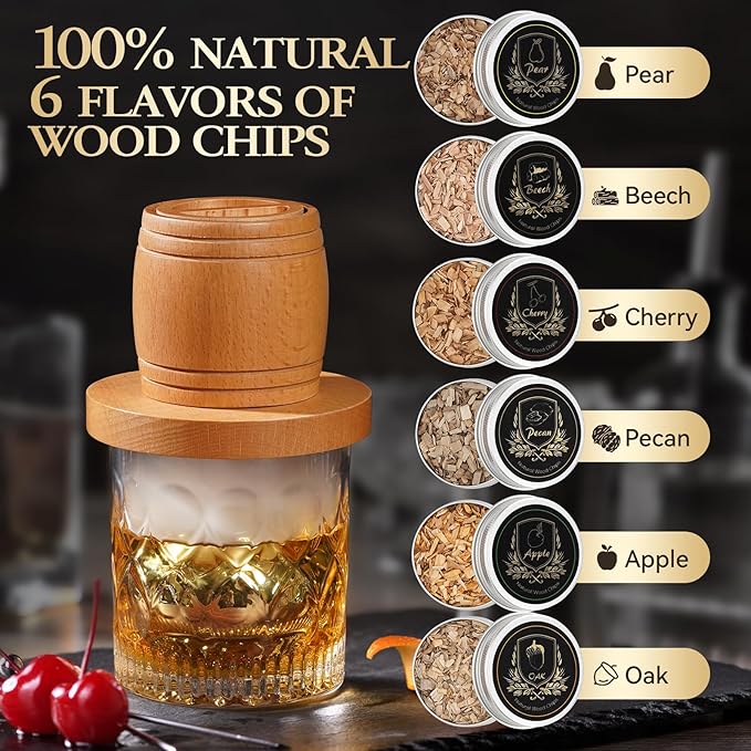 Whiskey Smoker Kit with Torch - Old Fashioned Cocktail Smoker Kit with 6 Flavors Wood Chips | 2 XL Stainless Steel Ice Balls & 2 Glasses, Christmas Bourbon Whiskey Gifts for Men, Dad(No Fuel Included)
